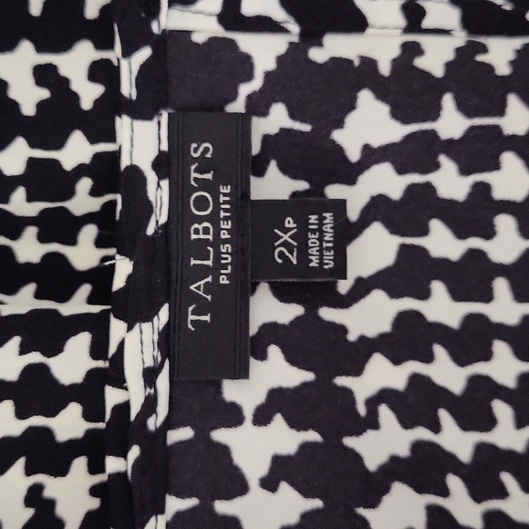 Talbots Womens 2XP Black White Houndstooth 3/4 Sleeve Keyhole Neck Blouse Flowy - Picture 2 of 6